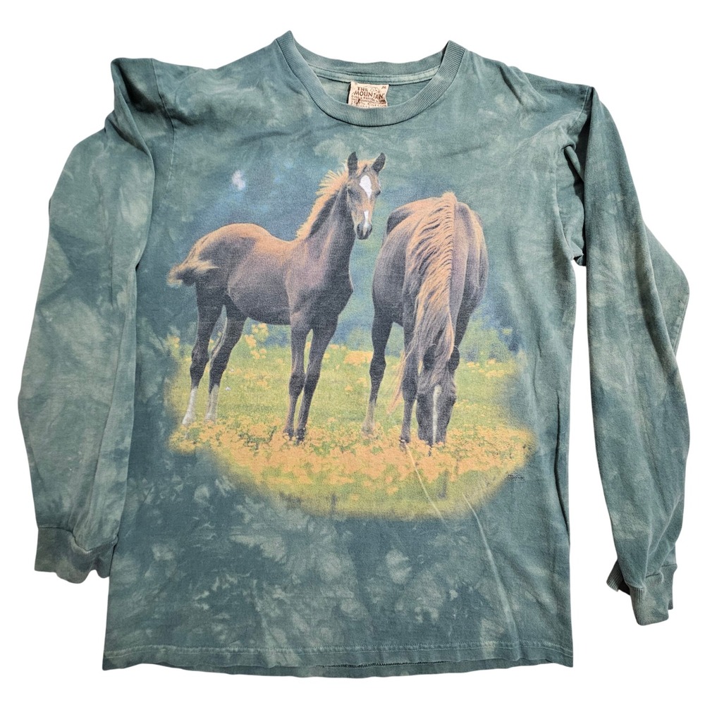 The Mountain Horse Graphic Long Sleeve Shirt M Green Tie Dye Nature Vintage *
